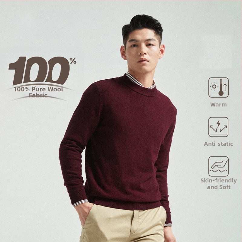 Vyrinis megztinis iš 100% vilnos, apvali kaklo linija, ilgos rankovės, kasdienis pagrindinis megztinis rudeniui