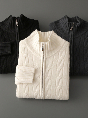 Кардиган от 100% вълна с цип, жакардова плетка и полу висока яка