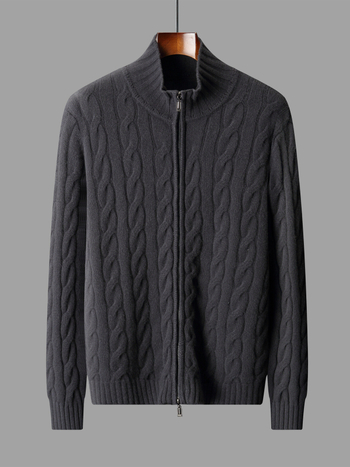 Кардиган от 100% вълна с цип, жакардова плетка и полу висока яка