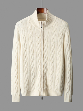 Кардиган от 100% вълна с цип, жакардова плетка и полу висока яка