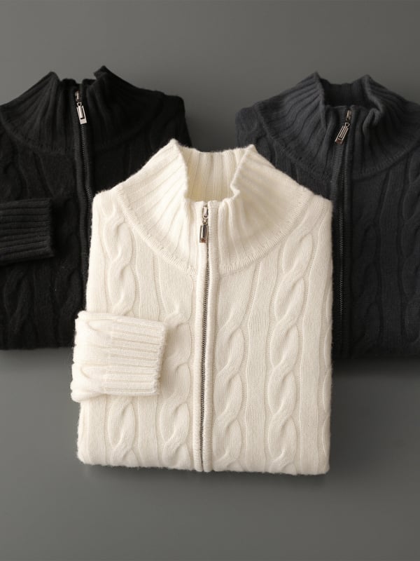 Кардиган от 100% вълна с цип, жакардова плетка и полу висока яка