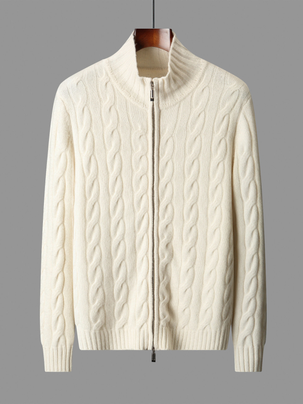 Кардиган от 100% вълна с цип, жакардова плетка и полу висока яка