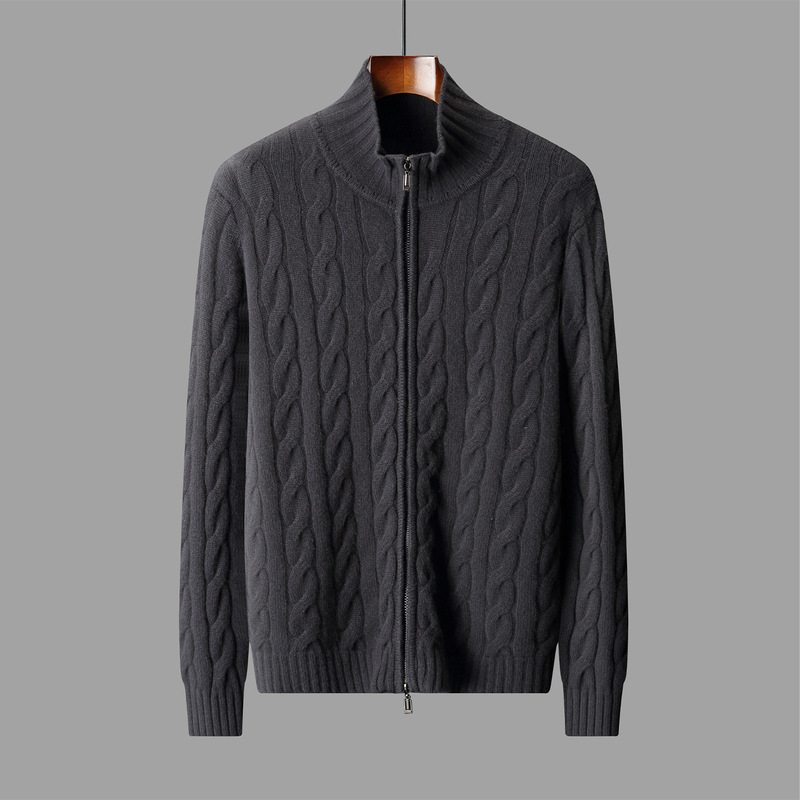 Кардиган от 100% вълна с цип, жакардова плетка и полу висока яка