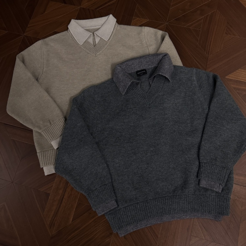 Muški pleteni džemper s reverom - Slim fit, dugi rukav, Poliester 71-80%, Smjesa kemijskih vlakana