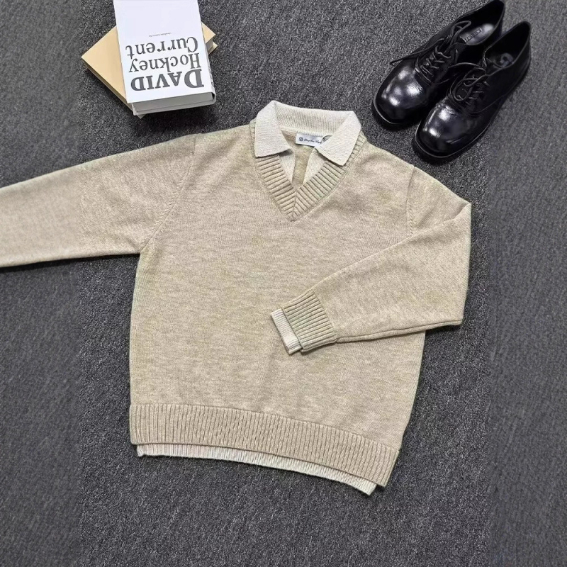 Muški pleteni džemper s reverom - Slim fit, dugi rukav, Poliester 71-80%, Smjesa kemijskih vlakana