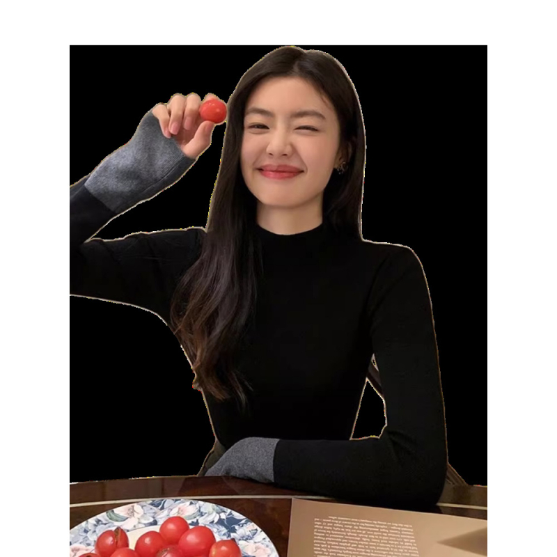 Pulover tricotat din viscose, model color-block, croială slim, guler semi-înalt, mâneci lungi