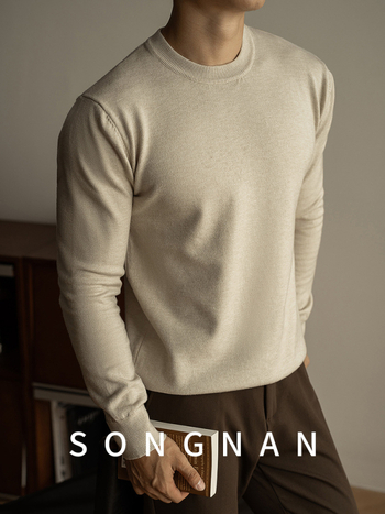 Pulover tricotat pentru bărbați, croială Slim-Fit, guler rotund, mâneci lungi — amestec Tencel-lână, respirabil, lavabil la mașină