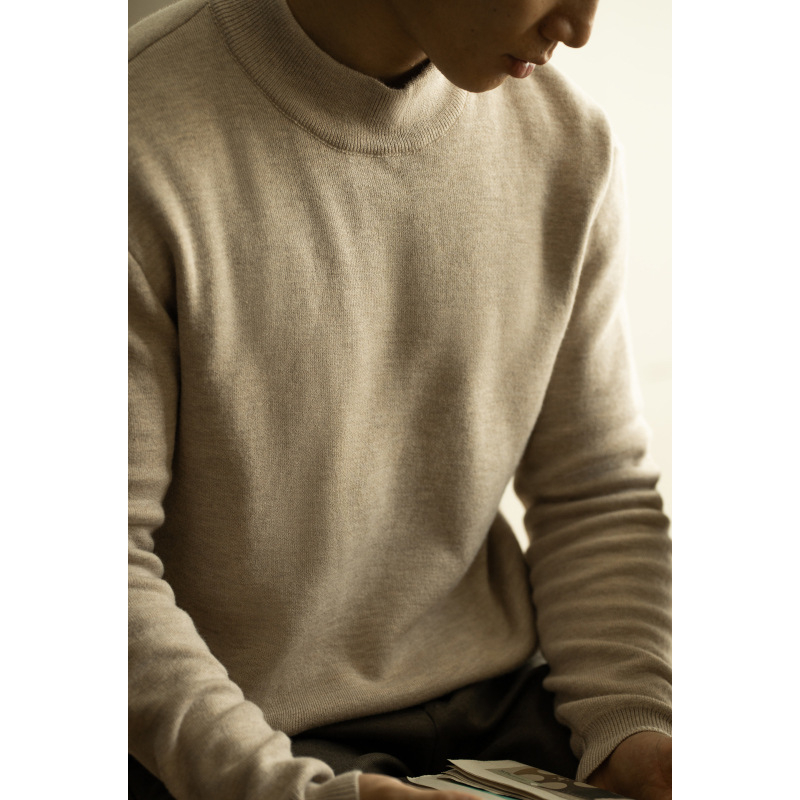 Pulover tricotat pentru bărbați, croială Slim-Fit, guler rotund, mâneci lungi — amestec Tencel-lână, respirabil, lavabil la mașină