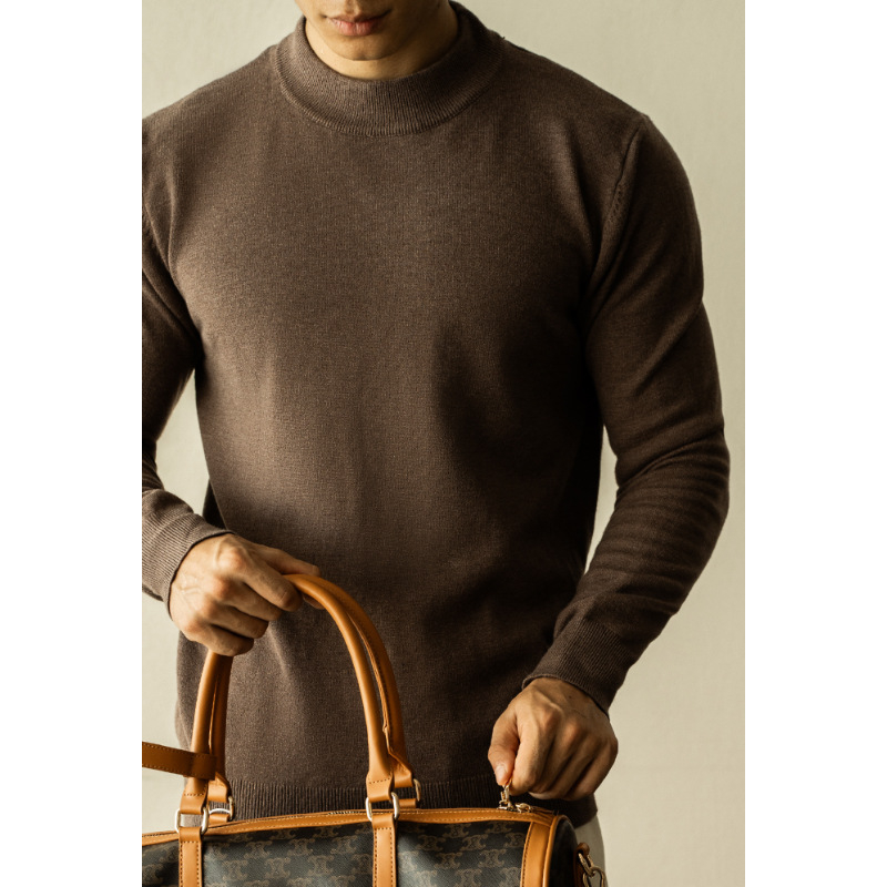 Pulover tricotat pentru bărbați, croială Slim-Fit, guler rotund, mâneci lungi — amestec Tencel-lână, respirabil, lavabil la mașină