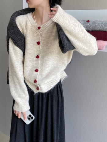 Cardigan din amestec de lână pentru femei, stil coreean, croială lejeră, guler rotund, închidere cu nasturi