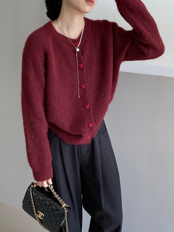 Cardigan din amestec de lână pentru femei, stil coreean, croială lejeră, guler rotund, închidere cu nasturi