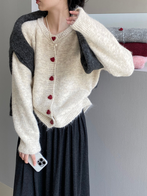 Cardigan din amestec de lână pentru femei, stil coreean, croială lejeră, guler rotund, închidere cu nasturi