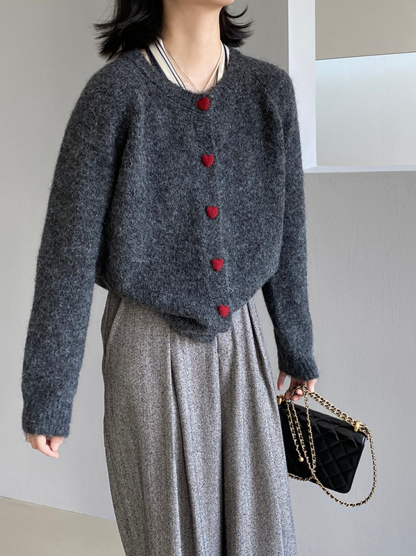 Cardigan din amestec de lână pentru femei, stil coreean, croială lejeră, guler rotund, închidere cu nasturi