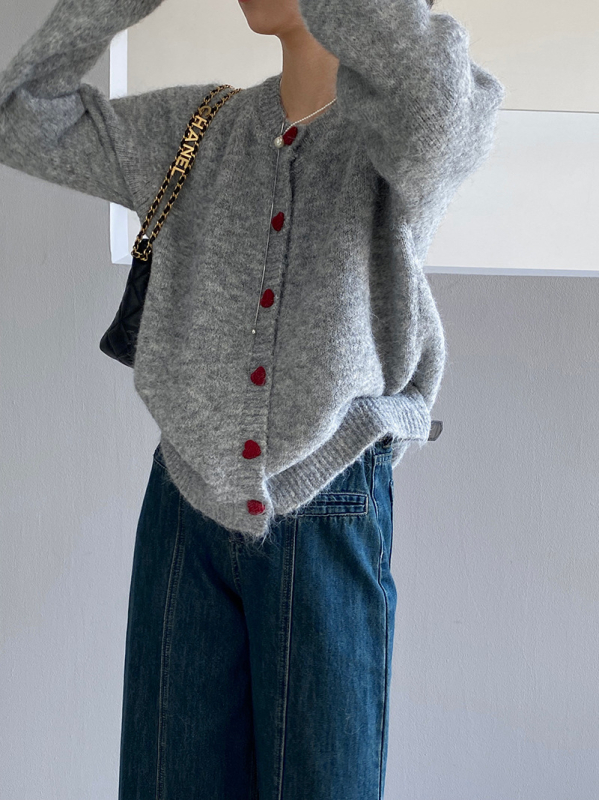 Cardigan din amestec de lână pentru femei, stil coreean, croială lejeră, guler rotund, închidere cu nasturi