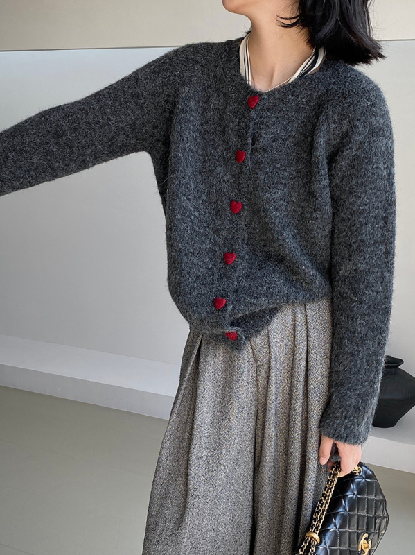 Cardigan din amestec de lână pentru femei, stil coreean, croială lejeră, guler rotund, închidere cu nasturi
