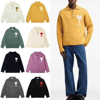 AMI CLAMS пуловер с жакардов мотив сърце и яка поло, свободен крой, памучно-смесена материя, дълги ръкави