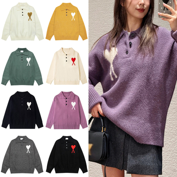 AMI CLAMS пуловер с жакардов мотив сърце и яка поло, свободен крой, памучно-смесена материя, дълги ръкави