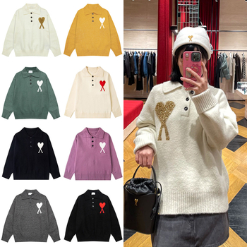 AMI CLAMS пуловер с жакардов мотив сърце и яка поло, свободен крой, памучно-смесена материя, дълги ръкави