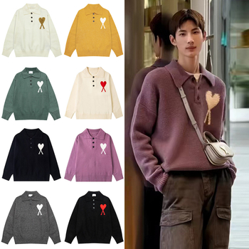 AMI CLAMS пуловер с жакардов мотив сърце и яка поло, свободен крой, памучно-смесена материя, дълги ръкави