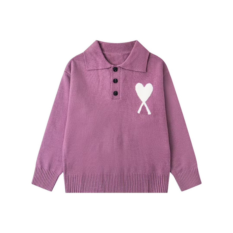 AMI CLAMS пуловер с жакардов мотив сърце и яка поло, свободен крой, памучно-смесена материя, дълги ръкави