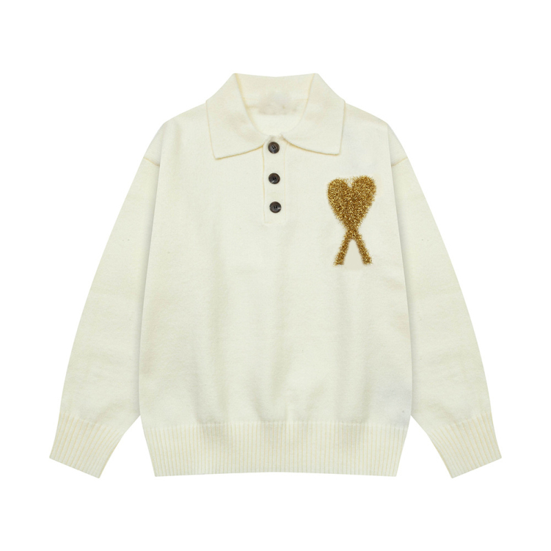 AMI CLAMS пуловер с жакардов мотив сърце и яка поло, свободен крой, памучно-смесена материя, дълги ръкави