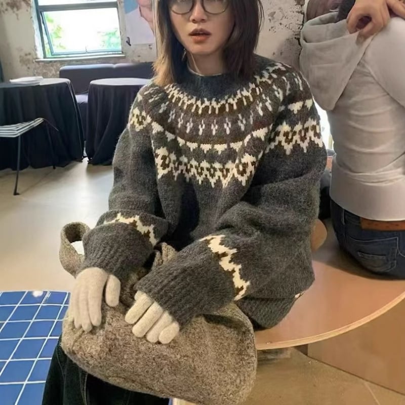 Yunshu Fair Isle pleteni pulover od alpaka vune, širokog kroja, ženski jesen-zima, kontrastne boje, cvjetni uzorak