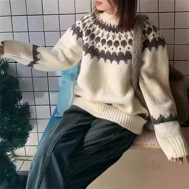 Yunshu Fair Isle pleteni pulover od alpaka vune, širokog kroja, ženski jesen-zima, kontrastne boje, cvjetni uzorak