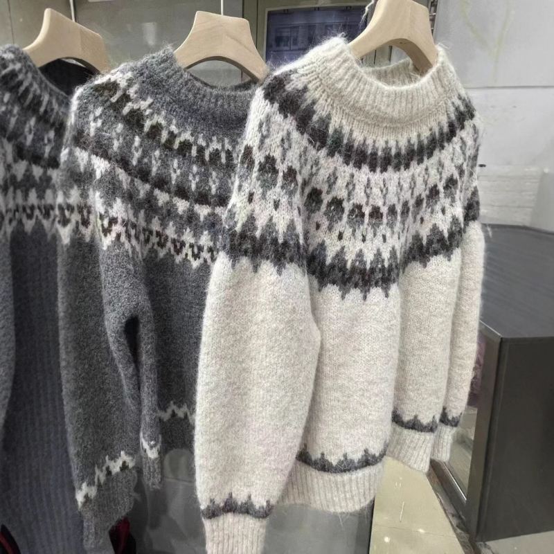 Yunshu Fair Isle pleteni pulover od alpaka vune, širokog kroja, ženski jesen-zima, kontrastne boje, cvjetni uzorak