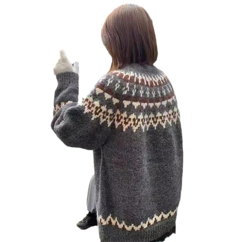 Yunshu Fair Isle pleteni pulover od alpaka vune, širokog kroja, ženski jesen-zima, kontrastne boje, cvjetni uzorak