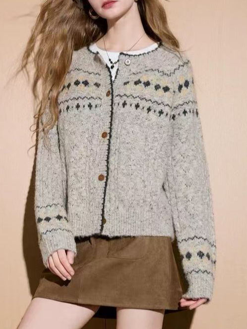 Cardigan od merino vune s Fair Isle pletenjem, dugi rukavi, okrugli ovratnik (Merino vuna; Fair Isle pletenje; Cardigan; dugi rukavi; okrugli ovratnik)