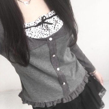 Top tricotat cu glugă, în stil retro franțuzesc, mâneci lungi, guler rotund, funda cu buline și croială slim