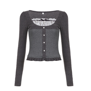 Top tricotat cu glugă, în stil retro franțuzesc, mâneci lungi, guler rotund, funda cu buline și croială slim