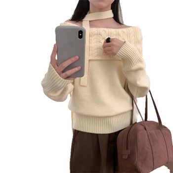 Pulover tricotat cu un umăr, pentru femei, culoare solidă, cu glugă; poliester 50–70% și elastan 30–50%; mâneci lungi, croială normală, toamnă 2025, stil casual japonez-coreean