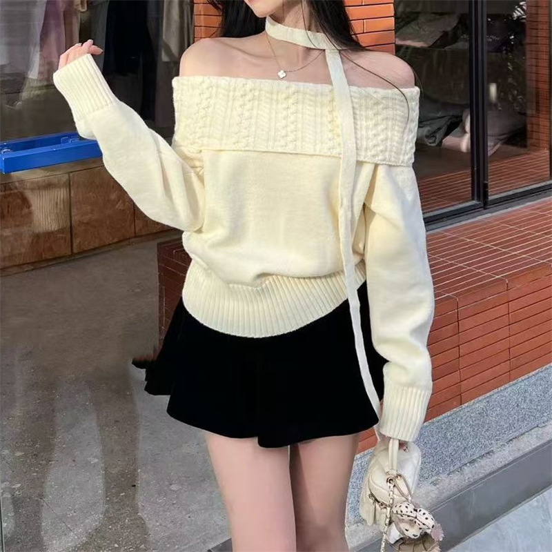 Pulover tricotat cu un umăr, pentru femei, culoare solidă, cu glugă; poliester 50–70% și elastan 30–50%; mâneci lungi, croială normală, toamnă 2025, stil casual japonez-coreean