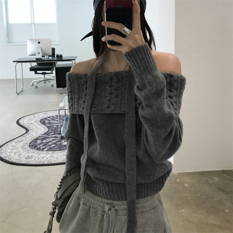 Pulover tricotat cu un umăr, pentru femei, culoare solidă, cu glugă; poliester 50–70% și elastan 30–50%; mâneci lungi, croială normală, toamnă 2025, stil casual japonez-coreean