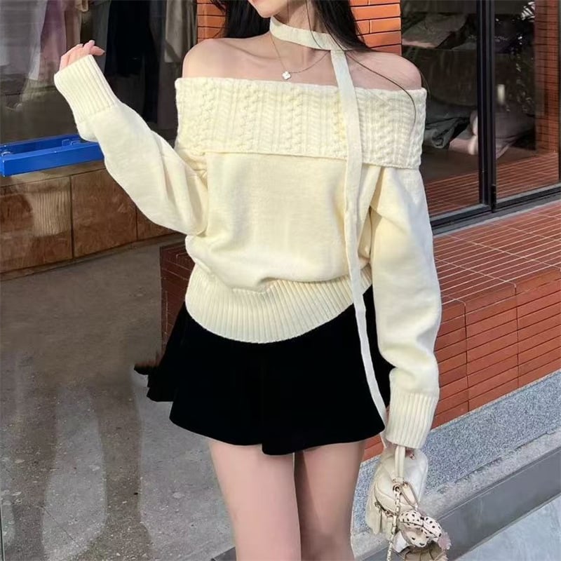 Pulover tricotat cu un umăr, pentru femei, culoare solidă, cu glugă; poliester 50–70% și elastan 30–50%; mâneci lungi, croială normală, toamnă 2025, stil casual japonez-coreean