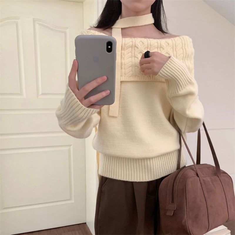 Pulover tricotat cu un umăr, pentru femei, culoare solidă, cu glugă; poliester 50–70% și elastan 30–50%; mâneci lungi, croială normală, toamnă 2025, stil casual japonez-coreean