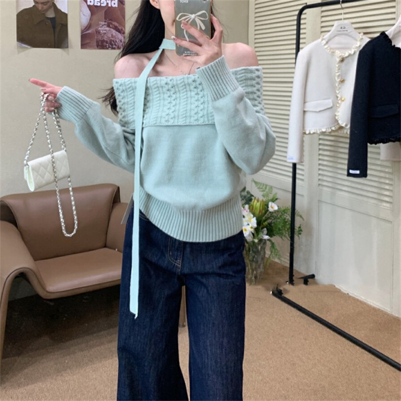 Pulover tricotat cu un umăr, pentru femei, culoare solidă, cu glugă; poliester 50–70% și elastan 30–50%; mâneci lungi, croială normală, toamnă 2025, stil casual japonez-coreean