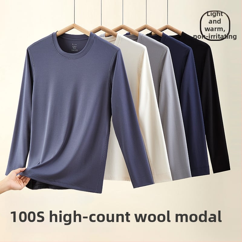 Tricou termic pentru bărbați, amestec lână-modal, subțire, guler rotund, mâneci lungi, 85.9% modal, 181–200 g/m2