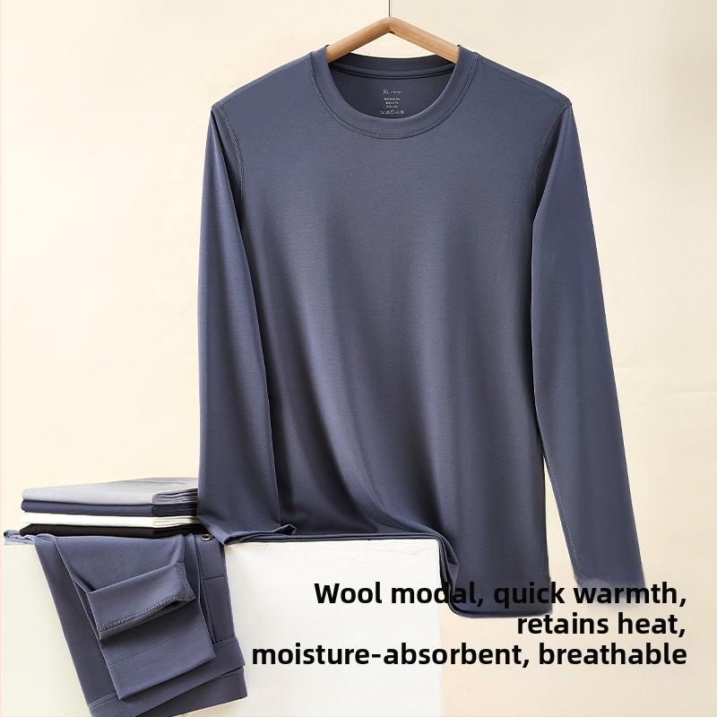 Vīriešu vilnas-modāla termālais bāzes slāņa tops, plāns, apaļais kakls, garās piedurknes, 85.9% modal, 181–200 g/m2