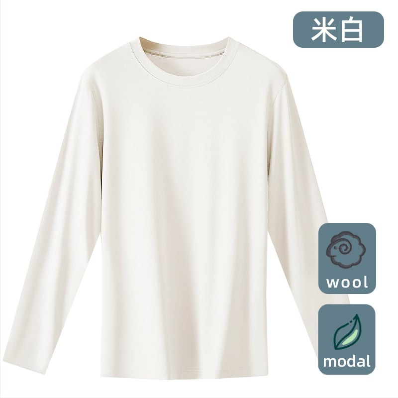 Tricou termic pentru bărbați, amestec lână-modal, subțire, guler rotund, mâneci lungi, 85.9% modal, 181–200 g/m2