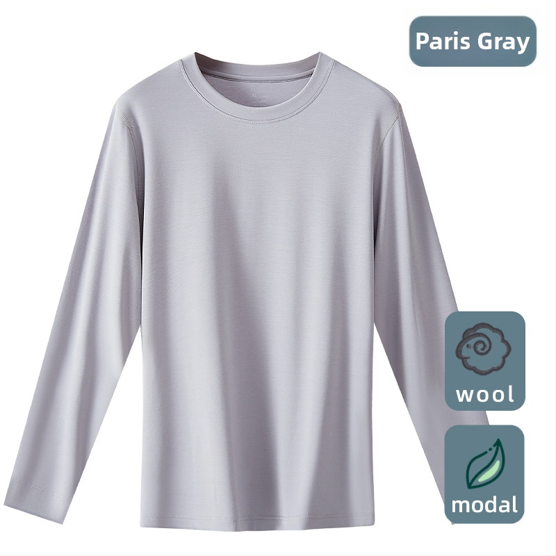 Tricou termic pentru bărbați, amestec lână-modal, subțire, guler rotund, mâneci lungi, 85.9% modal, 181–200 g/m2