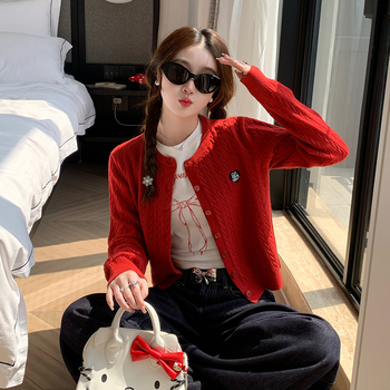 Cardigan tricotat pentru femei, lungime scurtă, cabluri, guler rotund, mâneci lungi