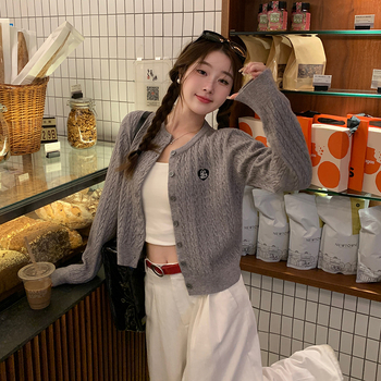 Cardigan tricotat pentru femei, lungime scurtă, cabluri, guler rotund, mâneci lungi