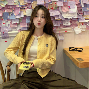 Cardigan tricotat pentru femei, lungime scurtă, cabluri, guler rotund, mâneci lungi