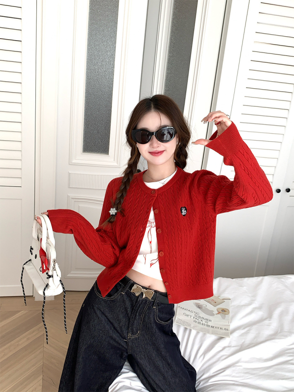 Cardigan tricotat pentru femei, lungime scurtă, cabluri, guler rotund, mâneci lungi