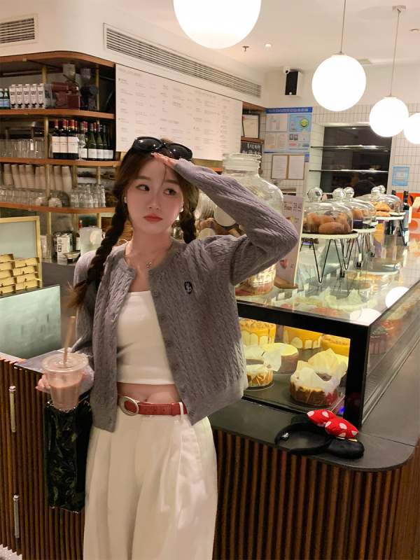 Cardigan tricotat pentru femei, lungime scurtă, cabluri, guler rotund, mâneci lungi