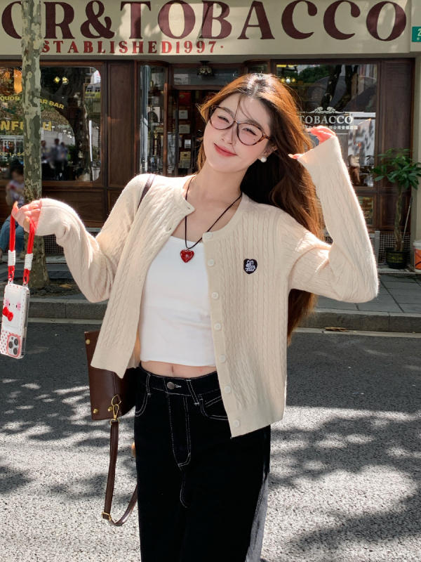 Cardigan tricotat pentru femei, lungime scurtă, cabluri, guler rotund, mâneci lungi