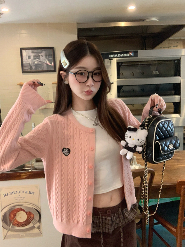 Cardigan tricotat pentru femei, lungime scurtă, cabluri, guler rotund, mâneci lungi