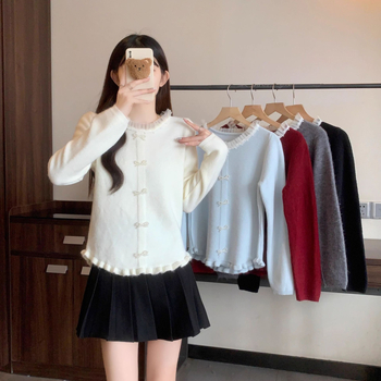 Top de bază tricotat, stil franțuzesc cu volane, primăvara 2025, Tr fabric, PVC până la 30%, stil literar retro